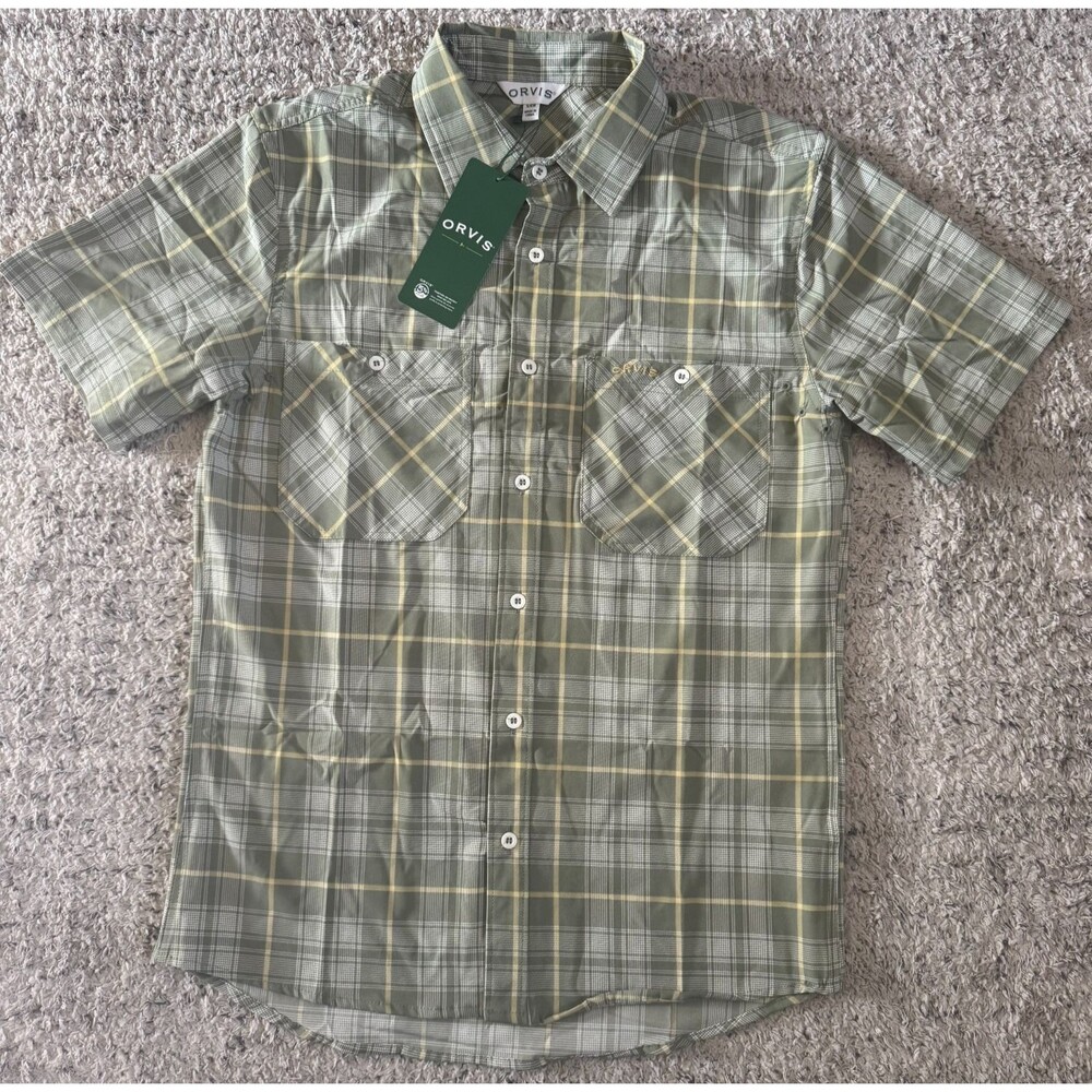 Orvis Fletcher Tech Shirt Mens Small Oil Green Robertson Plaid Short Sleeve NWT